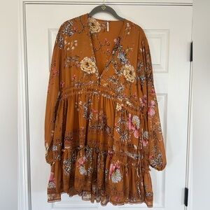 Free People Floral Long Sleeve Dress in Brown and Pink